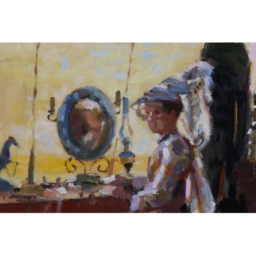 12 - ARR Gordon Radford (1936-2015) On Location, tented dressing room with actress, oil on board, signed ... 
