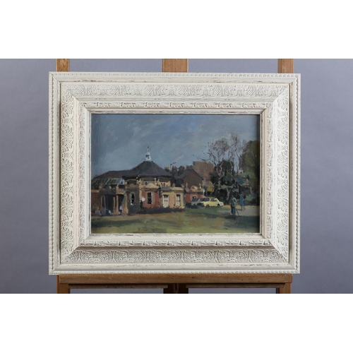 37 - ARR Gordon Radford (1936-2015) Street scene with figures and yellow car, oil on board, unsigned, 25.... 