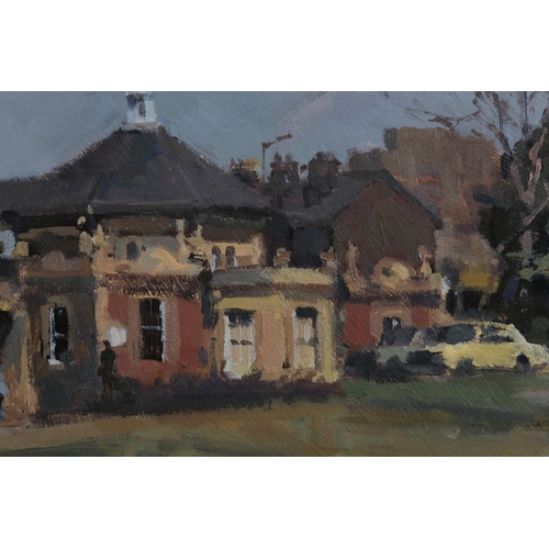 37 - ARR Gordon Radford (1936-2015) Street scene with figures and yellow car, oil on board, unsigned, 25.... 