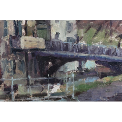 24 - ARR Gordon Radford (1936-2015) Canal towpath, oil on board, signed to lower right, 48cm x 54cm, arti... 