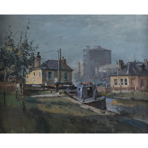 22 - ARR Gordon Radford (1936-2015) Inner city canal lock with barge, oil on board, unsigned, 40cm x 51cm... 