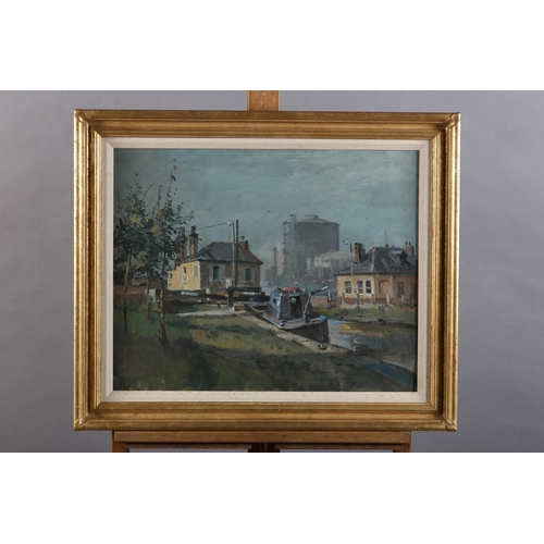 22 - ARR Gordon Radford (1936-2015) Inner city canal lock with barge, oil on board, unsigned, 40cm x 51cm... 