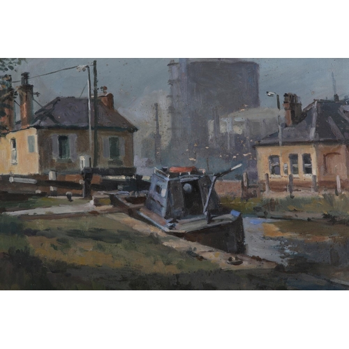 22 - ARR Gordon Radford (1936-2015) Inner city canal lock with barge, oil on board, unsigned, 40cm x 51cm... 