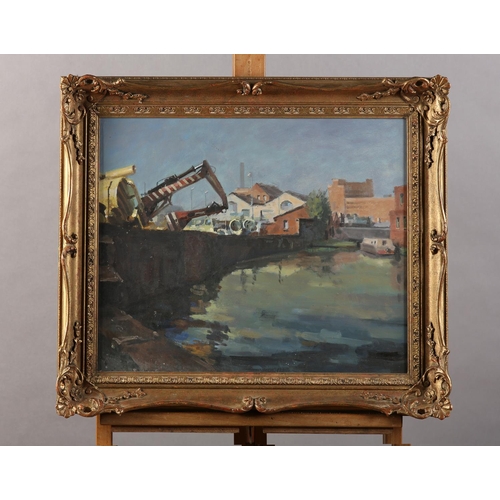 23 - ARR Gordon Radford (1936 - 2015) Inner city canal basin and scrapyard, oil on board, unsigned, 40.5c... 