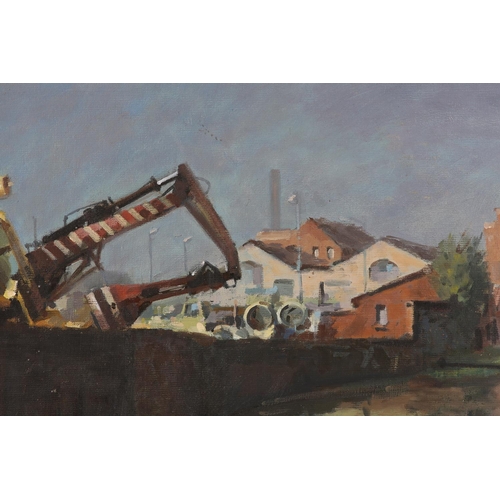 23 - ARR Gordon Radford (1936 - 2015) Inner city canal basin and scrapyard, oil on board, unsigned, 40.5c... 