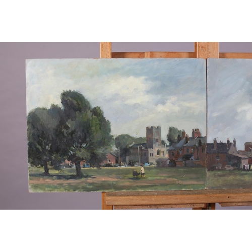 21 - ARR Gordon Radford (1936-2015), Village green and church; Crossing the Green; oil on board, unsigned... 