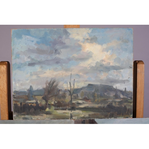 18 - ARR Gordon Radford (1936-2015), City river and bridge; Industrial chimneys; Landscape; three, oil on... 