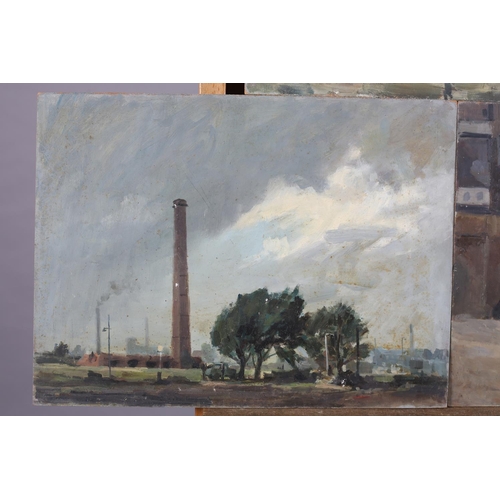 18 - ARR Gordon Radford (1936-2015), City river and bridge; Industrial chimneys; Landscape; three, oil on... 