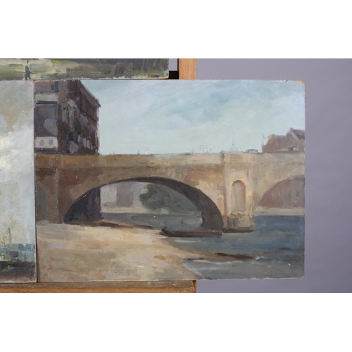18 - ARR Gordon Radford (1936-2015), City river and bridge; Industrial chimneys; Landscape; three, oil on... 