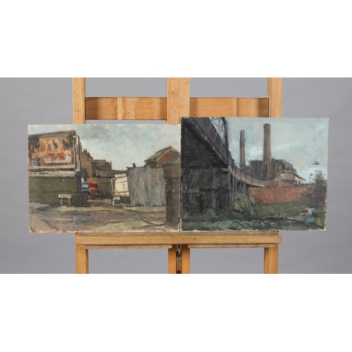 16 - ARR Gordon Radford (1936-2015), Vans in a Yard; Inner city rail bridge and wasteland, two, oil on bo... 