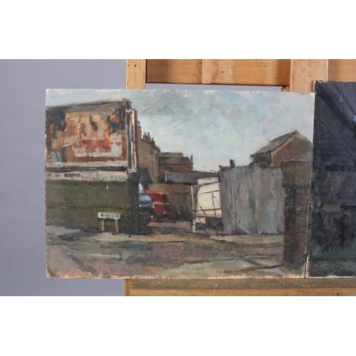 16 - ARR Gordon Radford (1936-2015), Vans in a Yard; Inner city rail bridge and wasteland, two, oil on bo... 