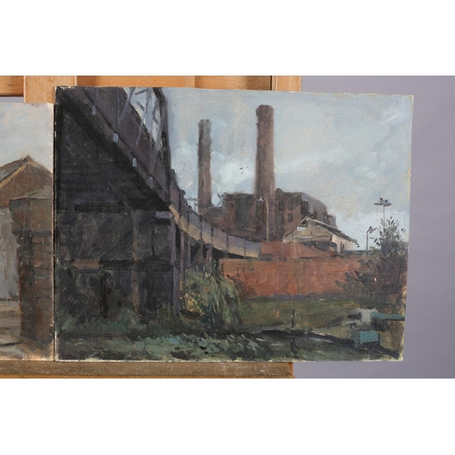 16 - ARR Gordon Radford (1936-2015), Vans in a Yard; Inner city rail bridge and wasteland, two, oil on bo... 