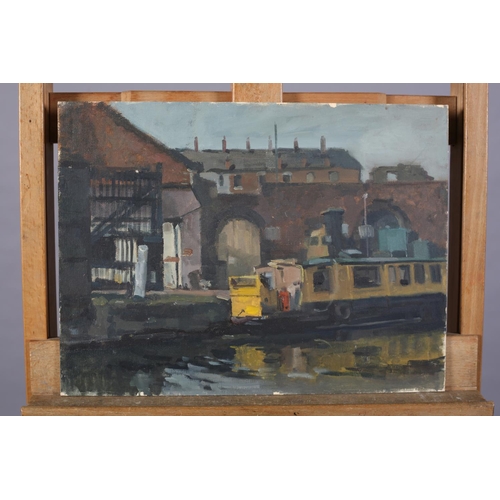 14 - ARR Gordon Radford (1936-2015), Inner city canal and tugboat, oil on board, unsigned, 30.5cm x 40.5c... 