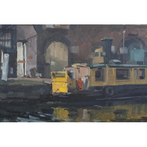 14 - ARR Gordon Radford (1936-2015), Inner city canal and tugboat, oil on board, unsigned, 30.5cm x 40.5c... 