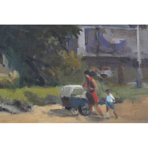 13 - ARR Gordon Radford (1936-2015), Mother with pram and young boy, oil on board, unsigned, unframed, 37... 