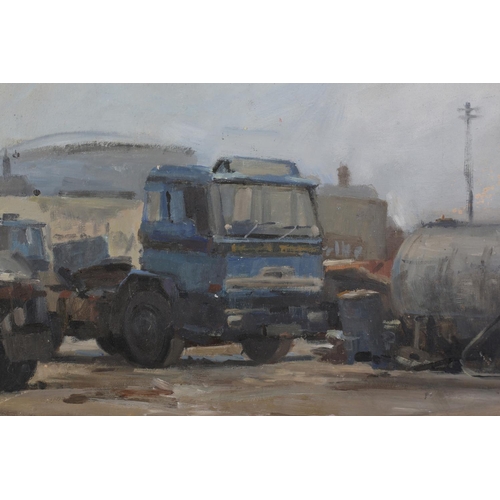15 - ARR Gordon Radford (1936-2015), Wagon Yard with Gas Works, oil on board, unsigned, unframed, 30.5cm ... 