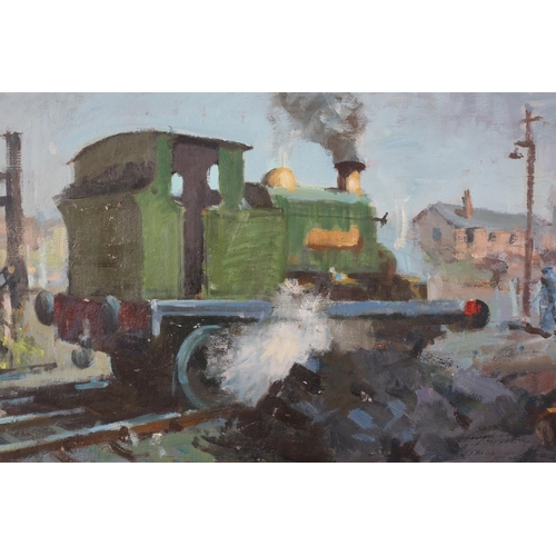 39 - ARR Gordon Radford (1936-2015), Locomotive in light steam, oil on board, unsigned, unframed, 34.5cm ... 