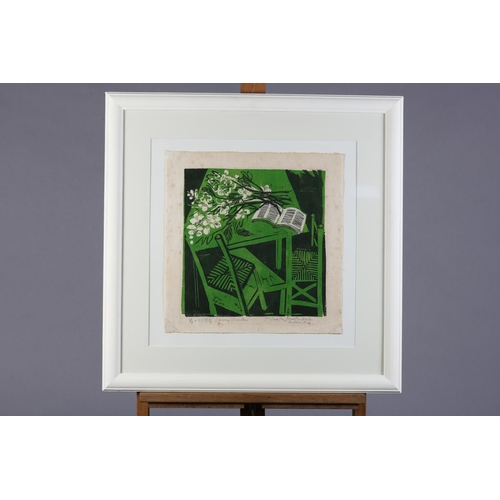 7 - By and after Naoko Matsubara (Japanese b1937), Spring Visitor, wood block print in green, white and ... 