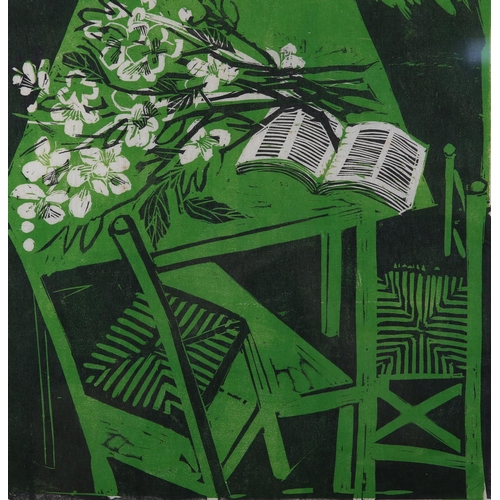7 - By and after Naoko Matsubara (Japanese b1937), Spring Visitor, wood block print in green, white and ... 