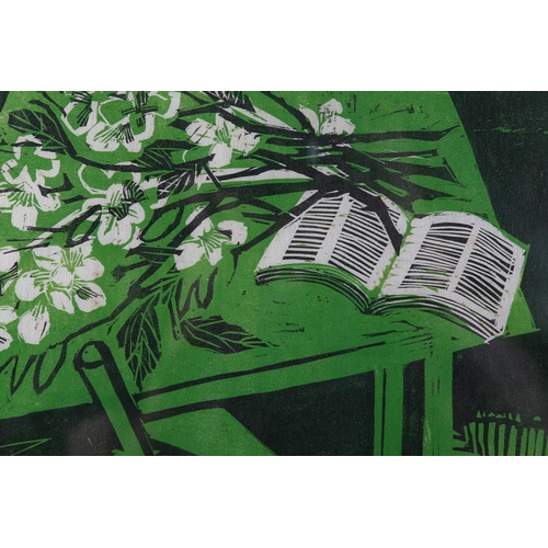 7 - By and after Naoko Matsubara (Japanese b1937), Spring Visitor, wood block print in green, white and ... 