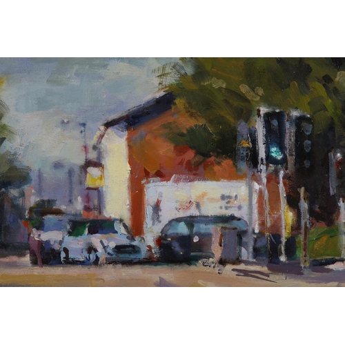 32 - ARR Gordon Radford (1936-2015), Traffic Lights, street scene with figure, oil on board, signed to lo... 