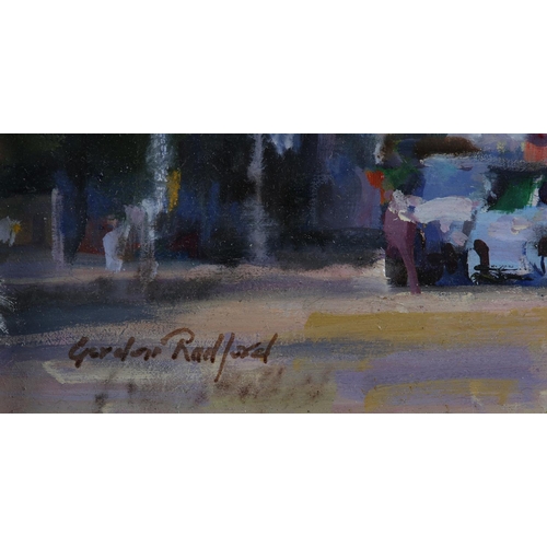 32 - ARR Gordon Radford (1936-2015), Traffic Lights, street scene with figure, oil on board, signed to lo... 