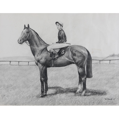 58 - ARR John A Blakey (b1952), Lester Piggott on Nijinsky and Geoff Lewis on Millreef, a pair, charcoal,... 