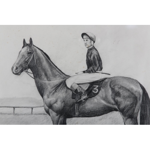 58 - ARR John A Blakey (b1952), Lester Piggott on Nijinsky and Geoff Lewis on Millreef, a pair, charcoal,... 