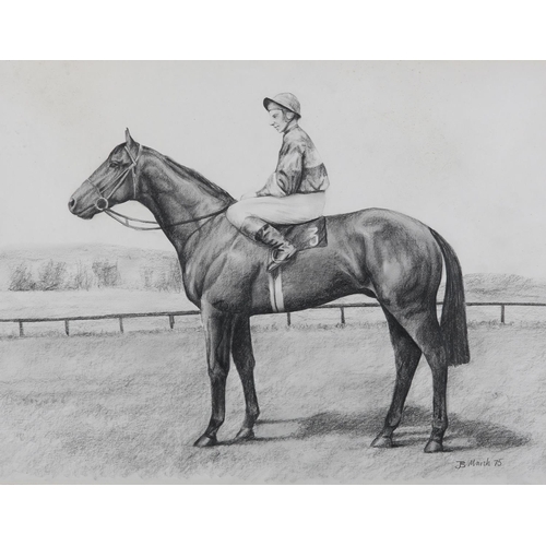 58 - ARR John A Blakey (b1952), Lester Piggott on Nijinsky and Geoff Lewis on Millreef, a pair, charcoal,... 