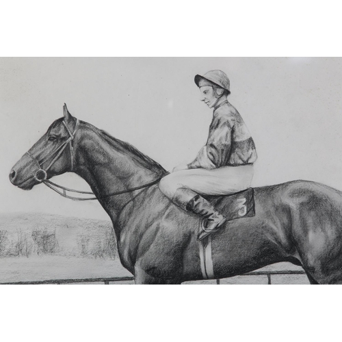 58 - ARR John A Blakey (b1952), Lester Piggott on Nijinsky and Geoff Lewis on Millreef, a pair, charcoal,... 