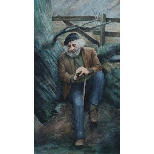 55 - ARR John A Blakey (b1952), Portrait of a retired farmer, sitting beneath a tree, watercolour, signed... 