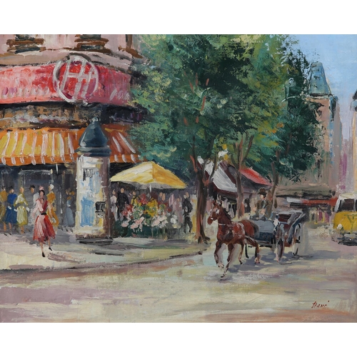52 - French, mid 20th century, Parisian street scene with horse and carriage, oil on board, indistinctly,... 