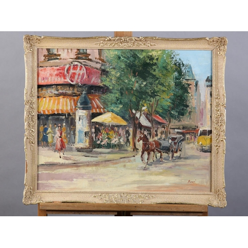 52 - French, mid 20th century, Parisian street scene with horse and carriage, oil on board, indistinctly,... 