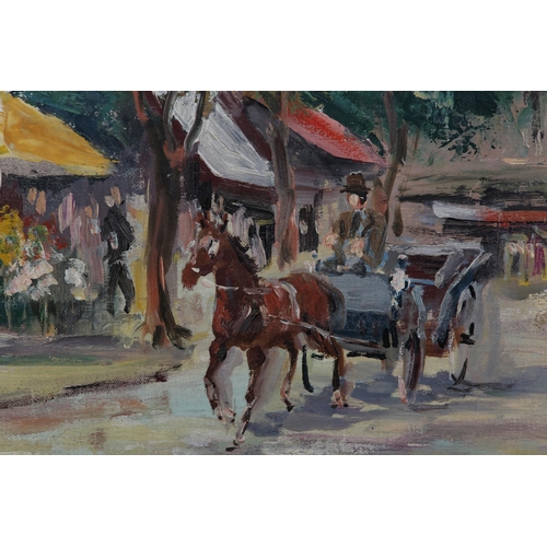 52 - French, mid 20th century, Parisian street scene with horse and carriage, oil on board, indistinctly,... 