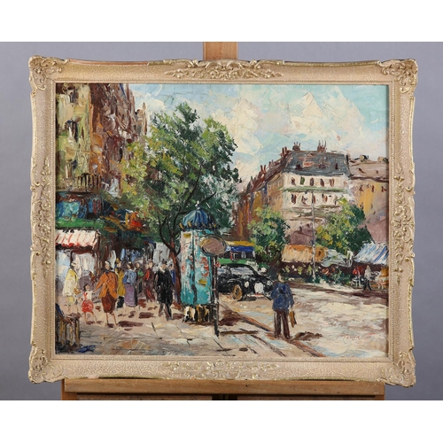 53 - French, mid 20th century, Parisian street scene with crowded boulevard and market stalls, oil on boa... 