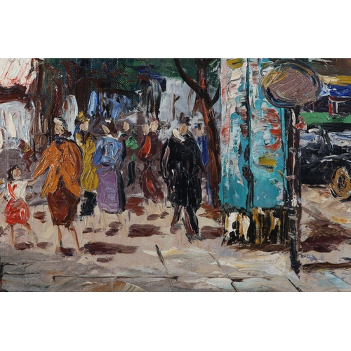 53 - French, mid 20th century, Parisian street scene with crowded boulevard and market stalls, oil on boa... 