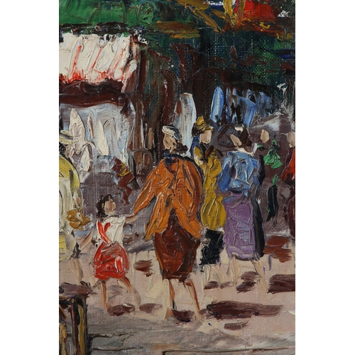 53 - French, mid 20th century, Parisian street scene with crowded boulevard and market stalls, oil on boa... 