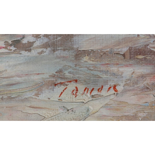 53 - French, mid 20th century, Parisian street scene with crowded boulevard and market stalls, oil on boa... 