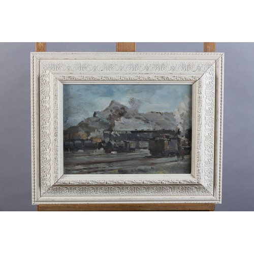 38 - ARR Gordon Radford (1936-2015) Goods Yard with train in steam, oil on board, unsigned, 25.5cm x 35.5... 