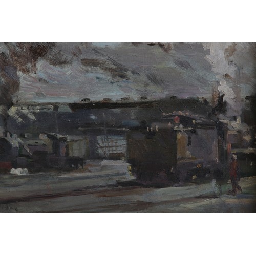 38 - ARR Gordon Radford (1936-2015) Goods Yard with train in steam, oil on board, unsigned, 25.5cm x 35.5... 