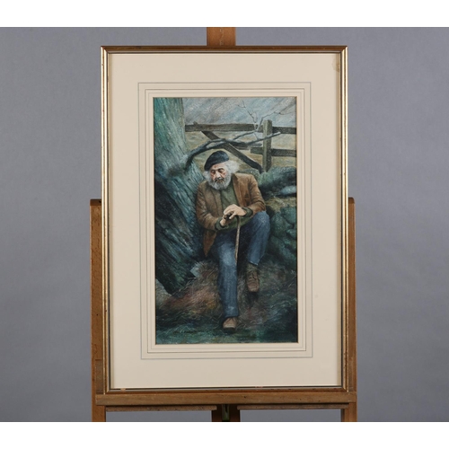 55 - ARR John A Blakey (b1952), Portrait of a retired farmer, sitting beneath a tree, watercolour, signed... 