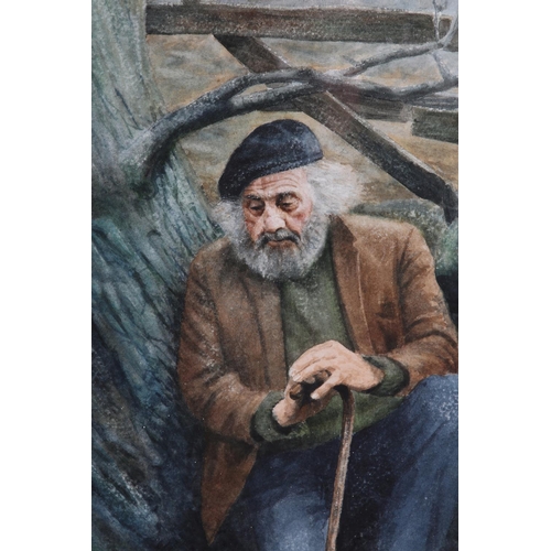 55 - ARR John A Blakey (b1952), Portrait of a retired farmer, sitting beneath a tree, watercolour, signed... 