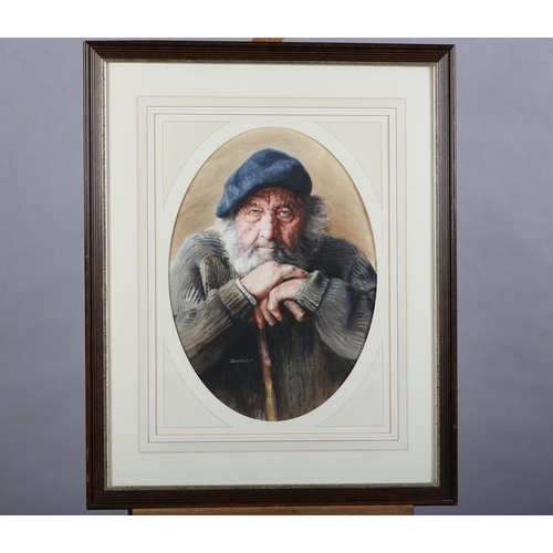 57 - ARR John A Blakey (b1952), Portrait of a retired farmer, half length, wearing a beret, his chin and ... 