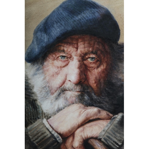57 - ARR John A Blakey (b1952), Portrait of a retired farmer, half length, wearing a beret, his chin and ... 