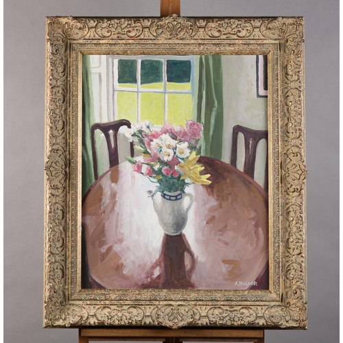63 - ARR Simon Mcleod (b1956), Still life - spring flowers held in a vase on the dining table, oil on can... 