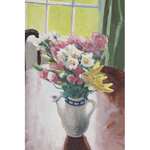 63 - ARR Simon Mcleod (b1956), Still life - spring flowers held in a vase on the dining table, oil on can... 