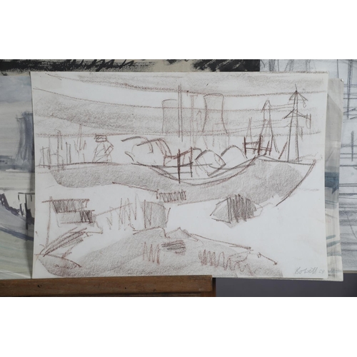 69 - ARR Druie Bowett  (1924-1998), Ryland Abbey, Scotland and Graveyard (3), ink, mixed media on buff pa... 