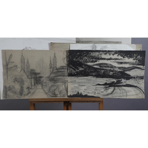 69 - ARR Druie Bowett  (1924-1998), Ryland Abbey, Scotland and Graveyard (3), ink, mixed media on buff pa... 