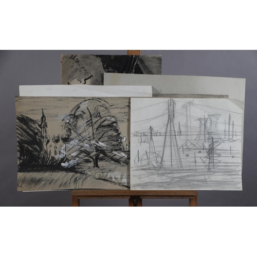69 - ARR Druie Bowett  (1924-1998), Ryland Abbey, Scotland and Graveyard (3), ink, mixed media on buff pa... 