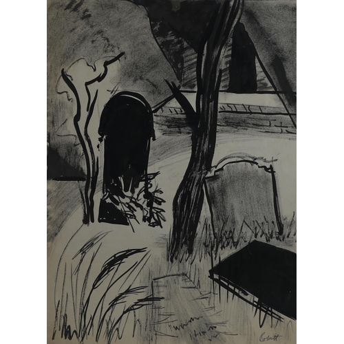 69 - ARR Druie Bowett  (1924-1998), Ryland Abbey, Scotland and Graveyard (3), ink, mixed media on buff pa... 